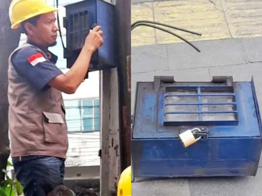 Petugas PLN mencabut KWH Meter milik pedagang di Jalan Gajah Mada Kota Medan. Foto: Instagram @dishub_medan