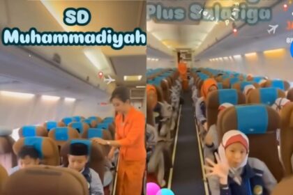 Viral siswa SD Muhammadiyah Plus Salatiga naik pesawat Garuda. Foto: Tiktok @dewisetiana (tangkap layar)
