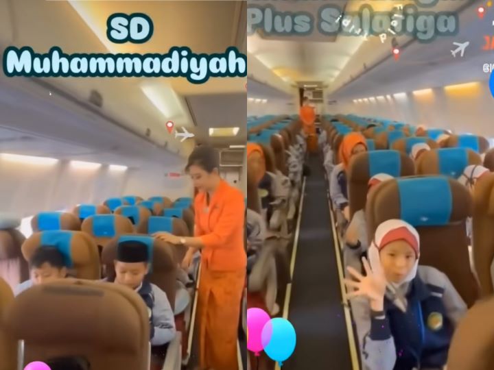 Viral siswa SD Muhammadiyah Plus Salatiga naik pesawat Garuda. Foto: Tiktok @dewisetiana (tangkap layar)