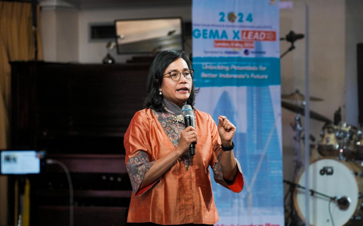 Menteri Keuangan (Menkeu) Sri Mulyani, hadir dan memberikan pidato pada acara yang diselenggarakan oleh organisasi awardee LPDP yaitu Mata Garuda Britania Irlandia. Foto: Kemenkeu