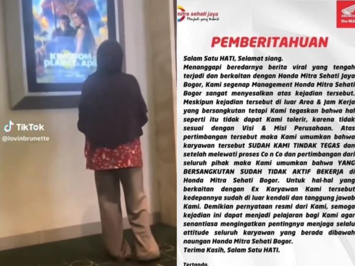 Seorang ibu yang tengah melihat sebuah poster film dan ditertawakan oleh dua wanita. Foto: TikTok @lovinbrunette (tangkap layar)