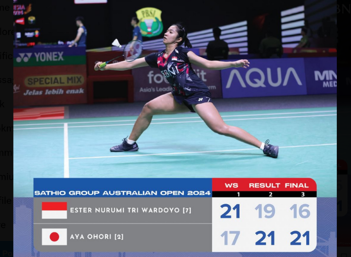 Ester Nurumi menjadi runner-up Australian Open 2024 setelah kalah daru tunggal putri Jepang, Aya Ohori di final. Foto: @INABadminton
