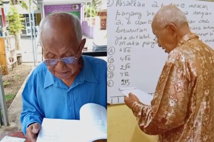 Mbah Melan atau Mbah Guru rela mengajarkan Matematika usai pensiun. Foto: TikTok, @binaprestasiswa (tangkap layar)