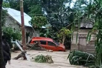 Kondisi Desa Sibalago, Kecamatan Toribulu, Kabupaten Parigi Moutong, Sulawesi Tengah terdampak banjir pada Minggu (23/6/2024). Satu unit mobil tersangkut pohon. Foto: BPBD Kabupaten Parigi Moutong