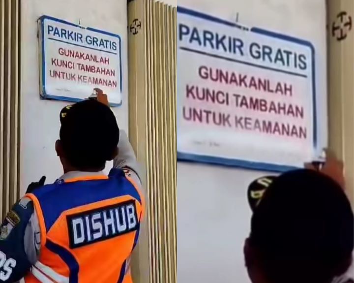 Seorang oknum petugas dishub menghapus papan informasi parkir gratis disalah satu minimarket. Foto: IG, @kabarnegri (tangkap layar)