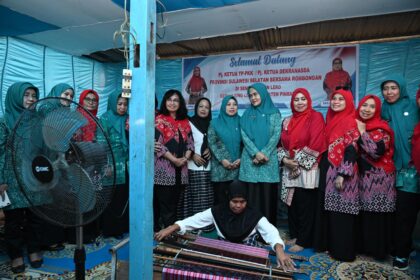 Ninuk Triyanti Zudan, menyerahkan bantuan kepada kelompok tenun sutera di Pinrang. Foto: dok humas