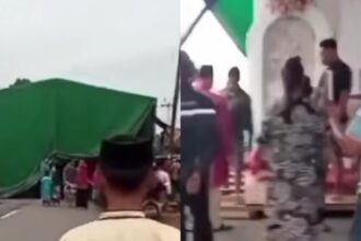 Momen sebuah tenda hajatan menutup dua akses jalan di Pelabuhan Rakyat, Kecamatan Pontianak Barat. Foto: IG, @memomedsos (tangkap layar)