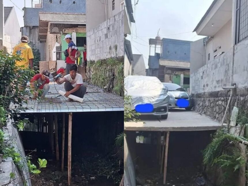 Viral beredar foto sejumlah warga ngecor kali untuk lahan parkir mobil di Depok. Foto: IG, @info_jabodetabek (tangkap layar)