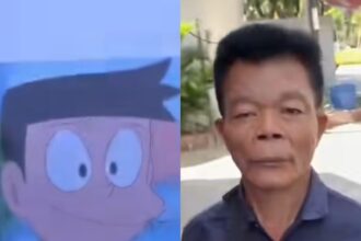 Penjual bakso asal Surabaya viral di media sosial karena miliki wajah mirip Suneo. Foto: Tiktok, @adit_codot04 (tangkap layar)