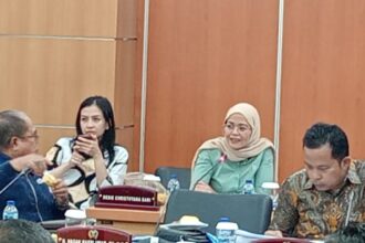 Anggota Komisi B DPRD DKI Jakarta, Desie Christiyana Sari (baju hijau) saat rapat dengan eksekutif, Selasa (30/7/20204).(Foto sofian/ipol.id)