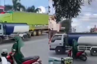 Aksi nekat emak-emak naik motor sambil berdiri. Foto: Instagram @info.negri