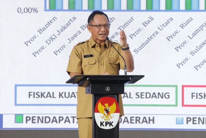 Mendagri Titp Karnavian saat Rapat Koordinasi Nasional (Rakornas) Penguatan Komitmen Pengawasan Penyelenggaraan Pemerintahan Daerah dalam Pemberantasan Korupsi di Aula Gedung Juang KPK, Jakarta, Senin (8/7/2024). Foto: kemendagri