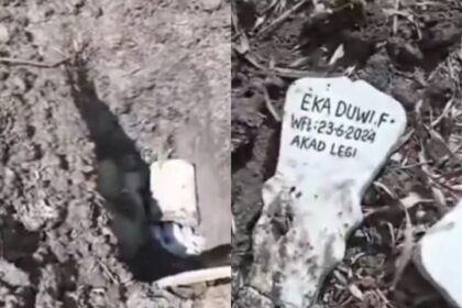 Tega sebuah makam di Dusun Krajan, Desa Plampangrejo, Kecamatan Cluring, Banyuwangi dibongkar orang misterius dan diambil tali pocong wanita tersebut. Foto: X, @VMbelink (tangkap layar)