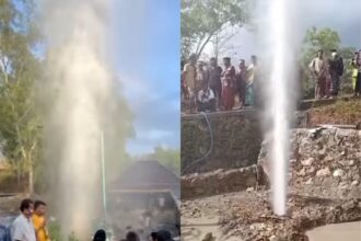 semburan air yang keluar dari lokasi pengeboran sumur di Desa Pandan, Kecamatan Omben, Kabupaten Sampang. Foto: IG, @infomdr