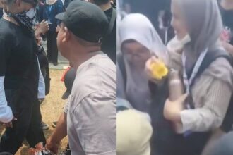 Penjual asongan bagikan dagangan secara gratis kepada peserta demo. Foto: IG, @mygigsmedia (tangkap layar)