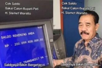 Slamet Warsito, calon Bupati Pati di Pilkada 2024, tunjukkan saldo ATM Rp 200 miliar. Foto: IG, @mygigsmedia (tangkap layar)