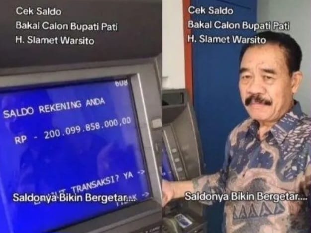 Slamet Warsito, calon Bupati Pati di Pilkada 2024, tunjukkan saldo ATM Rp 200 miliar. Foto: IG, @mygigsmedia (tangkap layar)