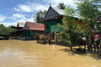 Kondisi wilayah pemukiman warga Kecamatan Pitumpanua, Kabupaten Wajo, Sulawesi Selatan, terendam banjir, Rabu (7/8/2024). Banjir mulai surut pada Kamis (8/8/2024) hari ini. Foto: BPBD Kabupaten Wajo