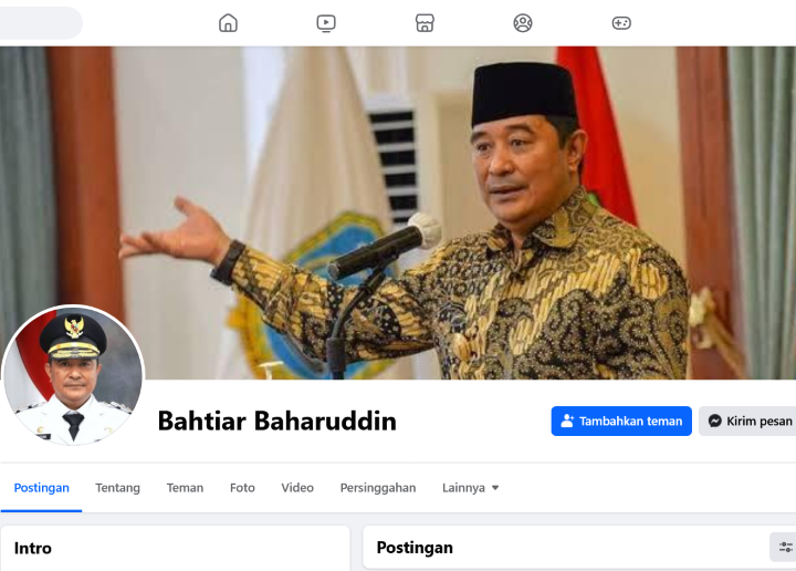 Tampak tampilan akun palsu mengatasnamakan Pj Gubernur Sulbar, Bahtiar Baharuddin, di platform Facebook. Foto: Tangkapan layar Facebook akun palsu Pj Gubernur Sulbar, Bahtiar Baharuddin