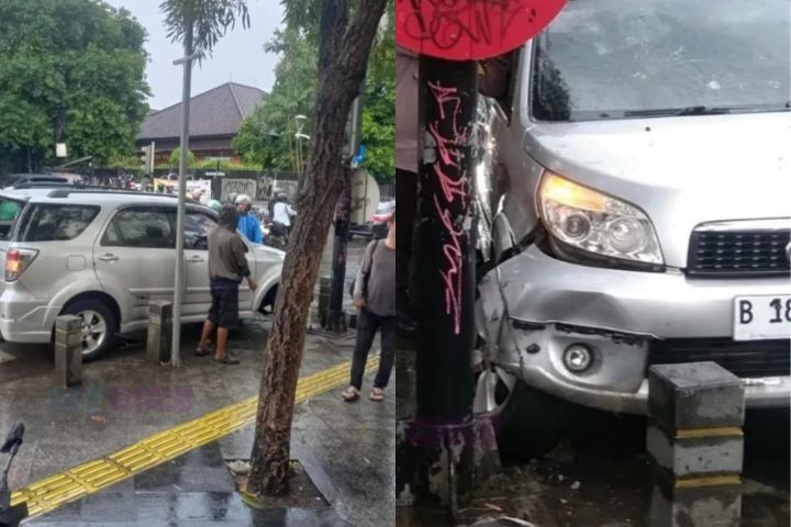 Mobil silver dikendarai bocah 9 tahun menabrak tiang dan pengendara roda dua di Kemang Foto: IG, @mygigsmedia (tangkap layar)