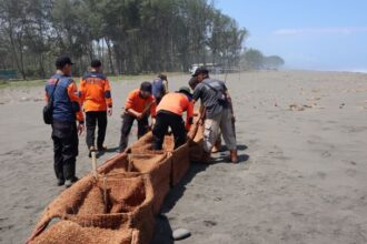 Pemasangan tanggul bronjong sabut kelapa oleh personel BPBD Kabupaten Cilacap dan unsur pentaheliks di Pantai Sodong (27/8/2024). Foto: BPBD Kabupaten Cilacap