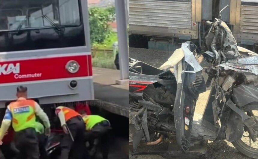 Petugas mengevakuasi motor yang terseret KRL Foto: Instagram @infodepok_id