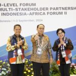 EVP Divisi Government Service Telkom Syaifudin (Kiri), Menteri Komunikasi dan Informatika (Menkominfo) RI Budi Arie Setiadi (Tengah), dan Direktur Enterprise & Business Service Telkom FM Venusiana R (Kanan) pada acara “High Level Forum on Multi Stakeholder Partnership & Indonesia Africa Forum” (HLF MSP & IAF) ke- 2 Tahun 2024 di Bali, Selasa (3/9/2024). Foto: Telkom Indonesia