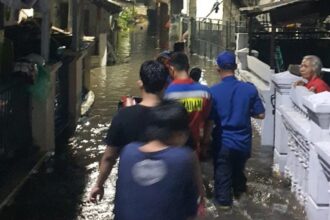 Kondisi permukiman warga di Jalan Damai, RT 13/RW 09, Kelurahan Lubang Buaya, Kecamatan Jatinegara, Jakarta Timur, terendam pada Selasa (10/8/2024). Kelurahan setempat terkendala atasi banjir. Foto: Ist