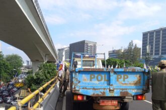 Satuan Polisi Pamong Praja (Satpol PP) Jakarta Timur melakukan penertiban dan atau pencopotan sejumlah atribut bendera partai di Jalan MT Haryono, Cawang, Kramat Jati, pada Rabu (11/9/2024) siang. Foto: Ist