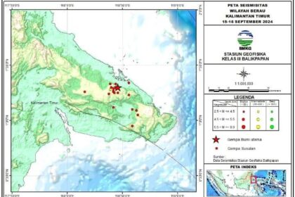 Peta Seismisitas, Kabupaten Berau, Kalimantan Timur, 15-16 September 2024. Foto: Badan Meteorologi, Klimatologi, dan Geofisika (BMKG)