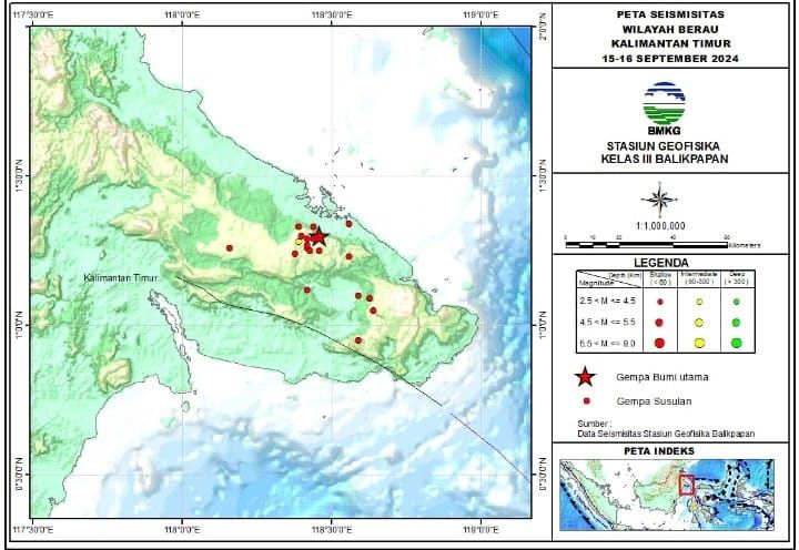 Peta Seismisitas, Kabupaten Berau, Kalimantan Timur, 15-16 September 2024. Foto: Badan Meteorologi, Klimatologi, dan Geofisika (BMKG)