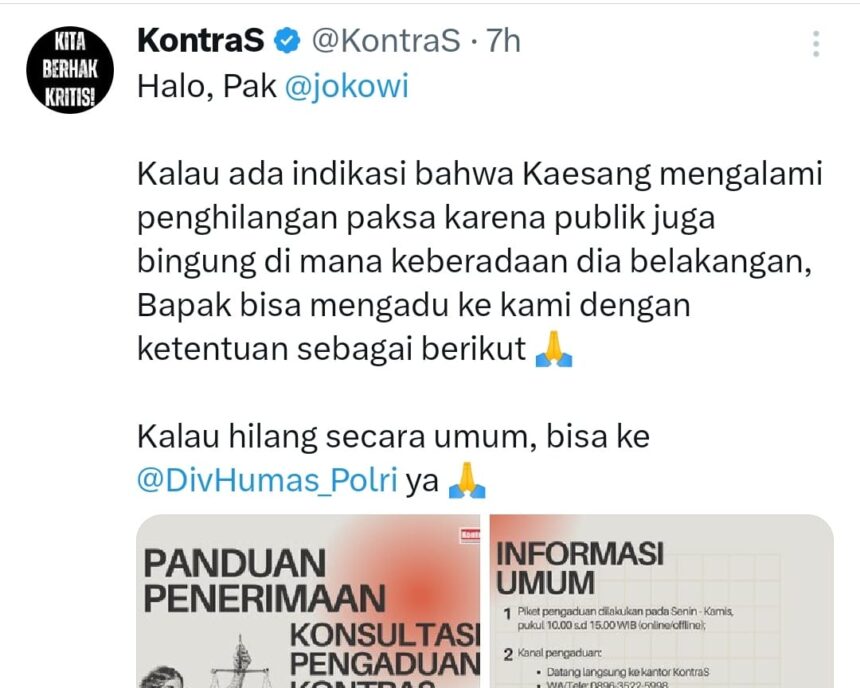 Cuitan LSM KontraS di X. Foto: Tangkapan layar X @KontraS