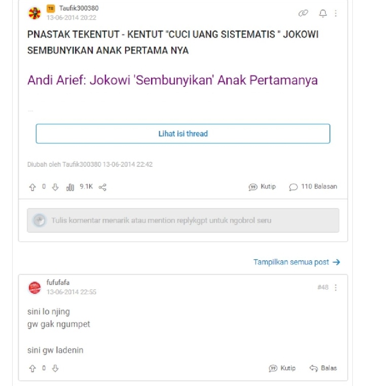 Komentar Andi Arief di kaskus yang mendapat respon Fufufafa. Foto: X @kafiradikalis