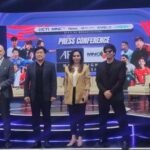 Andrew Rogers (Commercial Director AFC), CEO PT MNC Tbk, Noersing, Dini Putri (Programming & Acquisition Director RCTI) dan Atta Halilintar foto bersama usai konferensi pers kerja sama antara MNC Media dengan AFC di Inews Tower, Jakarta, Senin (2/9/2024). Foto: Ipol.id