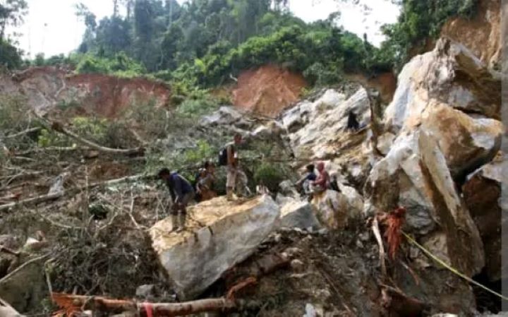 Kondisi longsor di kawasan tambang ilegal di Kabupaten Solok, Provinsi Sumatera Barat, pada Kamis (26/9/2024), sebanyak 12 korban penambang tewas dalam insiden tanah longsor. Foto: Badan Nasional Penanggulangan Bencana (BNPB)