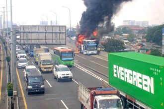 Penampakan bus pariwisata (Bersama Putra Trans) bernopol B 7179 VGA yang terbakar di Tol Wiyoto Wiyono KM 03, Cipinang Besar Utara, Jatinegara, Jakarta Timur, Kamis (24/10/2024). Foto: Ist