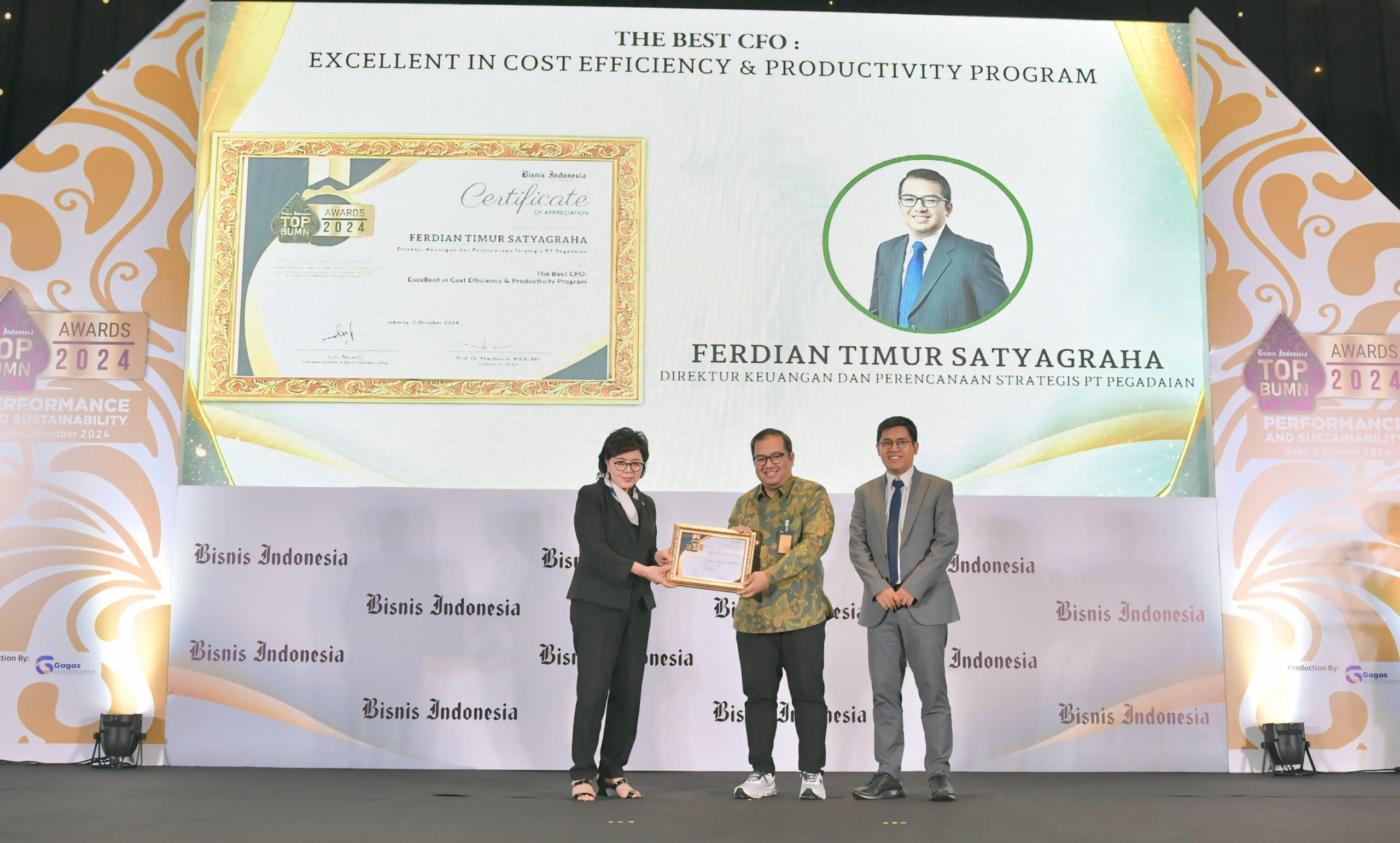 PT Pegadaian meraih dua penghargaan sekaligus di ajang Bisnis Indonesia TOP BUMN Awards 2024 yang berlangsung di Jakarta pada Rabu (02/10).