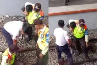 Aksi heroik Security KRL gagalkan aksi remaja percobaan bunuh diri di Stasiun Depok Baru. Foto: IG, @info_jabodetabek (tangkap layar)