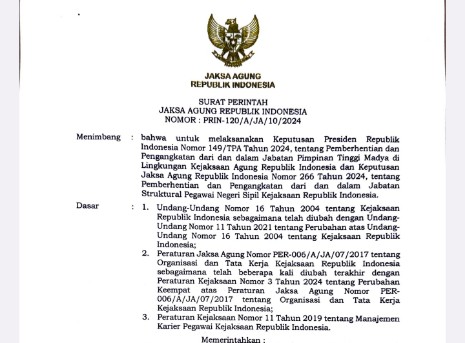 Salinan Perintah Jaksa Agung Republik Indonesia nomor Prin-120/A/JA/10/2024/15 Oktober 2024. Foto: Dok Kejaksaan Agung RI