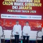 Tiga pasangan cagub saat acara debat cagub di JIExpo, Kemayoran.(foto jepretan tv inews)