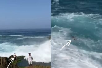 Roni Josua Simanjuntak hilang digulung ombak Pantai Kedung Tumpang, Tulungagung, Jawa Timur. Foto: IG, @baturajaupdate (tangkap layar)