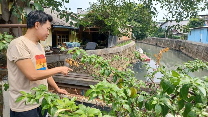 Ketua RT 12/RW 02, Kelurahan Rambutan, Kecamatan Ciracas, Jakarta Timur, Muhammad Arifin Hadidji menunjukkan Kali Cipinang yang airnya kerap melimpas jika hujan deras intensitas tinggi, Selasa (8/10/2024). Foto: Joesvicar Iqbal/ipol.id