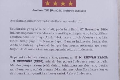 Surat Prabowo Subianto meminta warga Jakarta mendukung pasangan RIDO.(Foto istimewa)