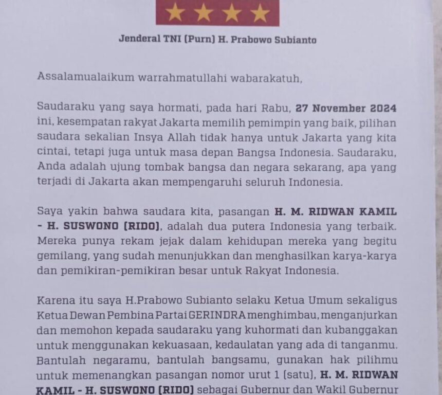 Surat Prabowo Subianto meminta warga Jakarta mendukung pasangan RIDO.(Foto istimewa)