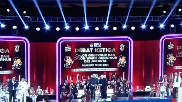 Tiga pasangan cagub pilkada Jakarta 2024, mengikuti debat ketiga.(Foto screenshot YT)