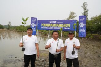 Kegiatan bertajuk “Aksi Restorasi Bumi” dengan melakukan penanaman 10 ribu pohon mangrove di Pantai Istambul Glagah Wangi, Demak, Jawa Tengah, dihadiri oleh Direktur Utama Telkom Ririek Adriansyah (tengah), Direktur Human Capital Management Telkom Afriwandi, serta Direktur Keuangan dan Manajemen Risiko Telkom Heri Supriadi, pada Jumat (15/11/2024). Foto: Telkom Indonesia