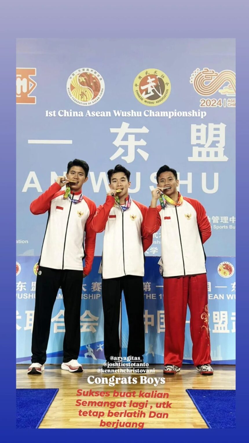 Timnas Wushu Indonesia yang membuat kejutan dengan merebut 24 medali terdiri dari 11 medali emas, 7 perak, dan 6 perunggu pada 1st China-ASEAN Wushu Championship 2024 yang berlangsung di Nantong, Jiangsu, China, 3-6 November 2024. ‘