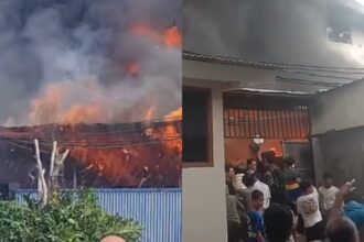 Kebakaran melanda sebuah gudang wallpaper yang berlokasi di Jalan Muara Baru, Penjaringan, Jakarta Utara, pada Jumat (15/11/2024). Foto: IG, @jkt.info (tangkap layar)