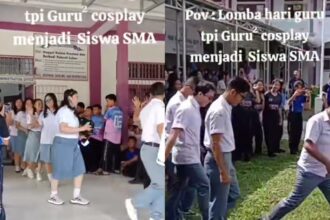 Momen guru cosplay gunakan seragam SMA peringati Hari Guru. Foto: IG, @karanganyarkita (tangkap layar).