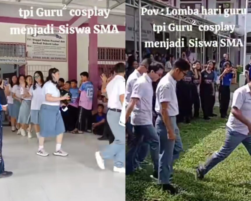 Momen guru cosplay gunakan seragam SMA peringati Hari Guru. Foto: IG, @karanganyarkita (tangkap layar).